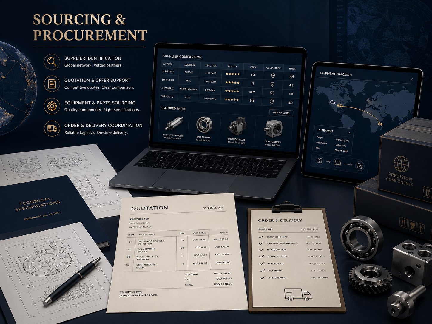 Sourcing and procurement coordination workspace with supplier comparison, quotations, technical specifications and logistics tracking